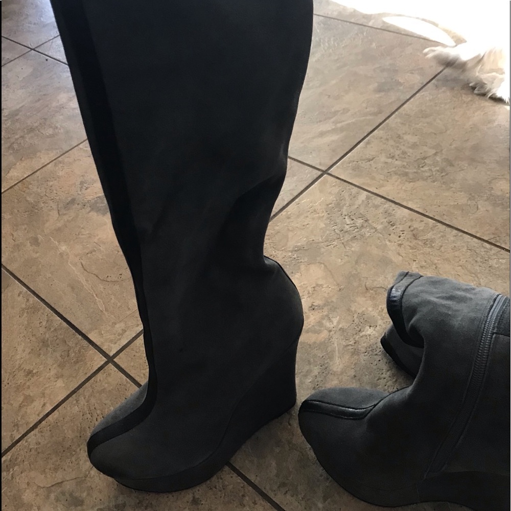 Gray and black leather suede knee hi wedge boots